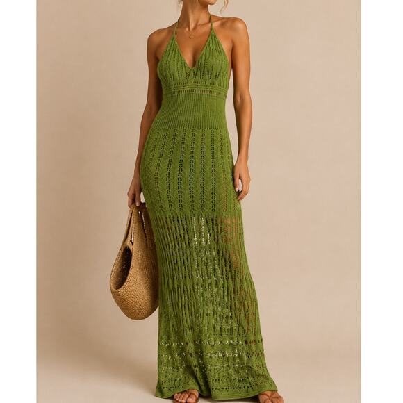 ALOHAS Dresses & Skirts - ALOHAS Womens Gabrielle Crochet Knit Maxi Dress M Green Resort Beach Vacation